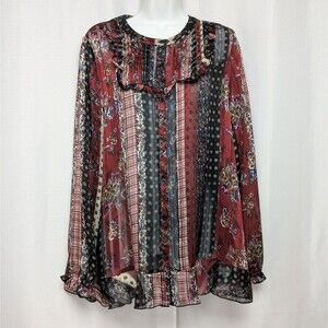 LOGO Lori Goldstein Eclectic Print Sheer Ruffle Hem Button Up Top Women's Small